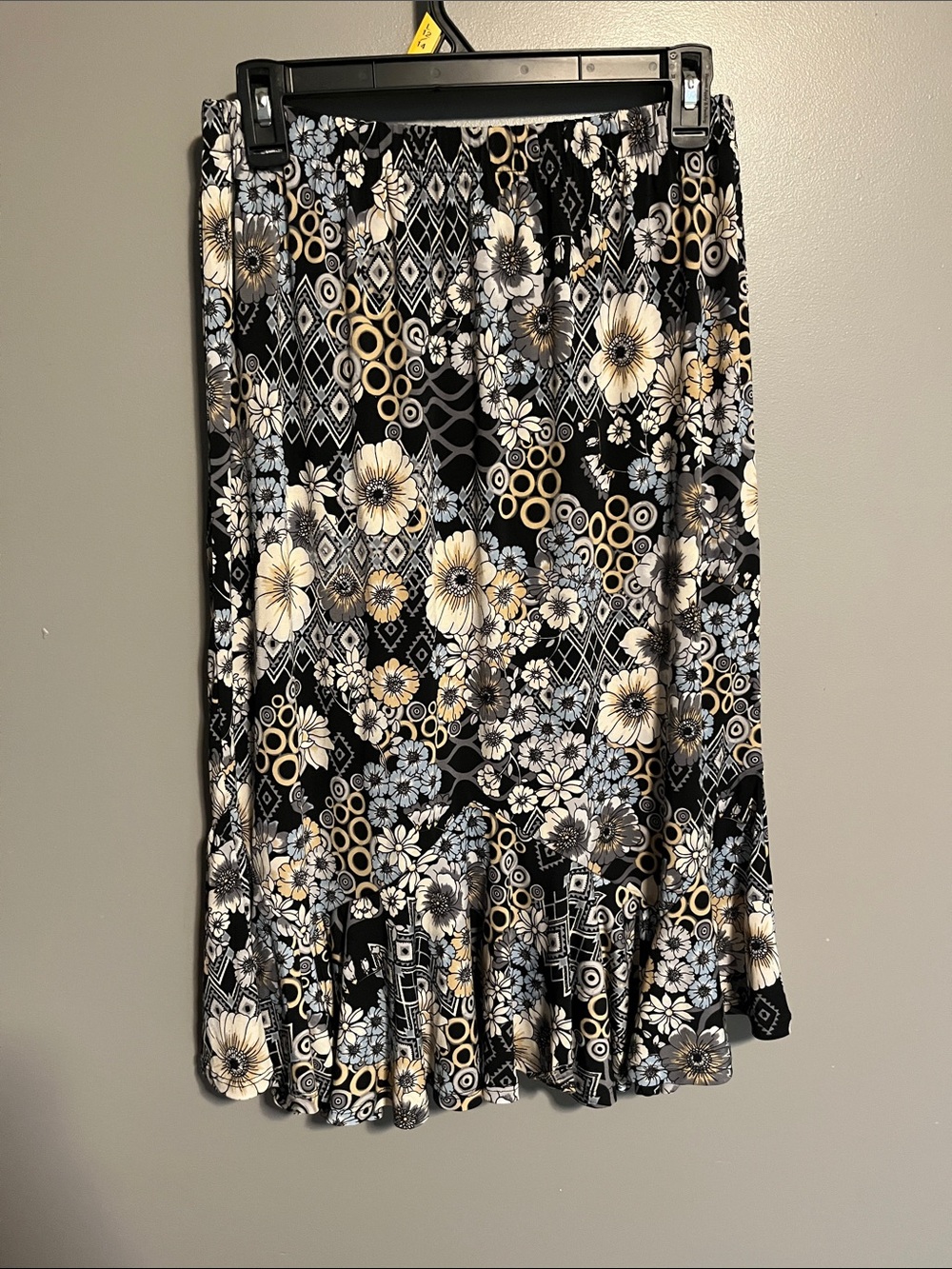 Southern Lady Black Midi Skirt with Cream and Light Blue Floral Print